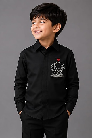 Black Lycra Cotton Hand Embroidered Shirt For Boys by Sanjana Reddy Kids