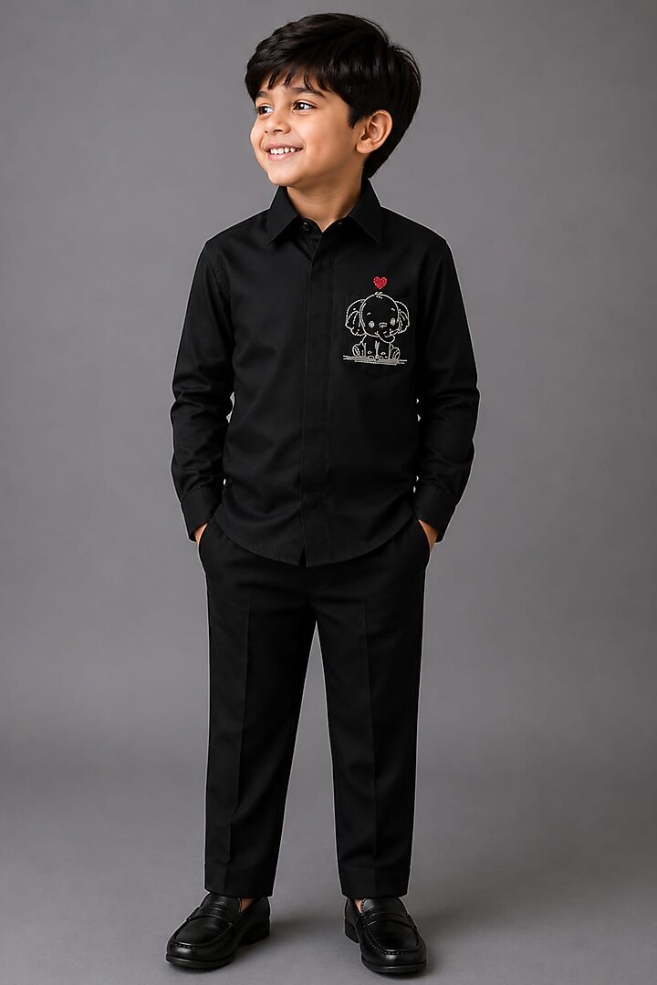 Black Lycra Cotton Hand Embroidered Shirt For Boys by Sanjana Reddy Kids at Pernia's Pop Up Shop