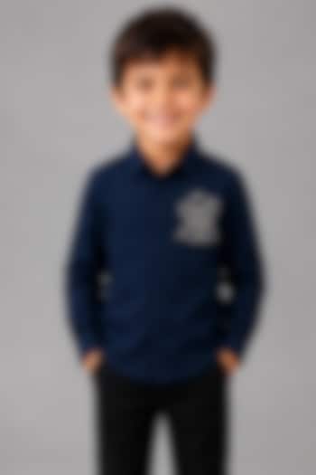 Navy Blue Lycra Cotton Hand Embroidered Shirt For Boys by Sanjana Reddy Kids at Pernia's Pop Up Shop