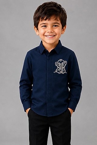 Navy Blue Lycra Cotton Hand Embroidered Shirt For Boys by Sanjana Reddy Kids