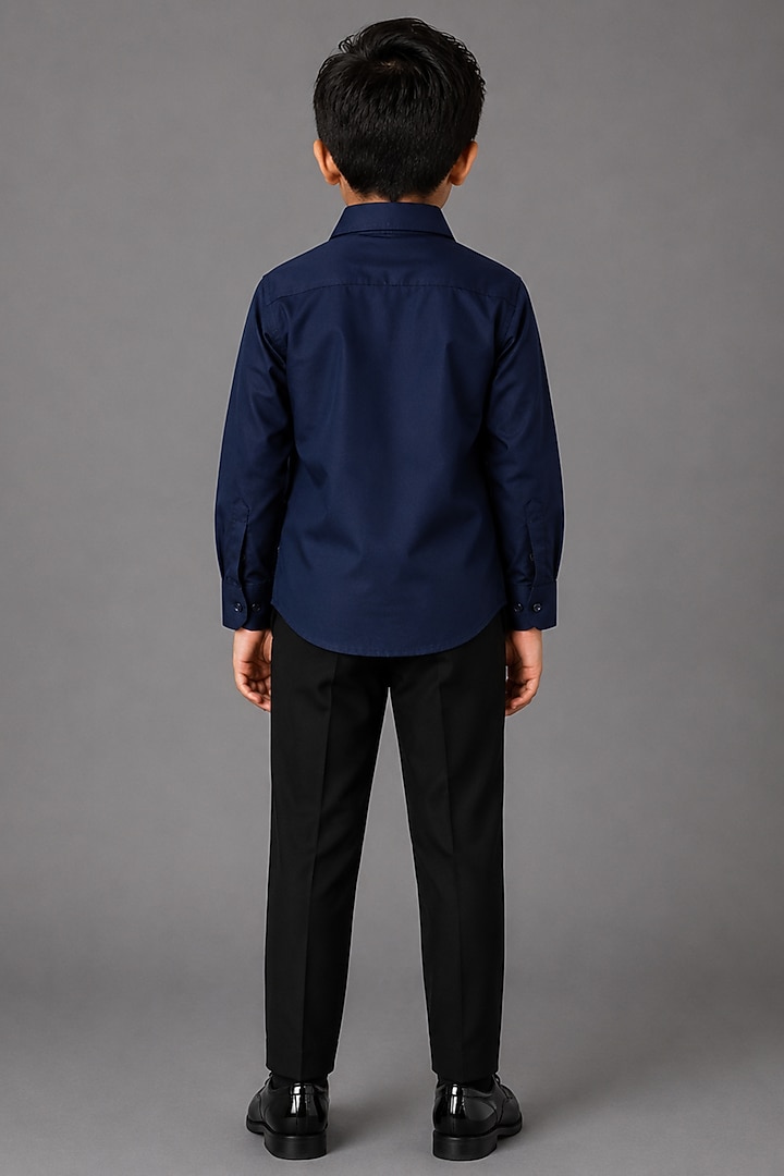 Navy Blue Lycra Cotton Hand Embroidered Shirt For Boys by Sanjana Reddy Kids at Pernia's Pop Up Shop