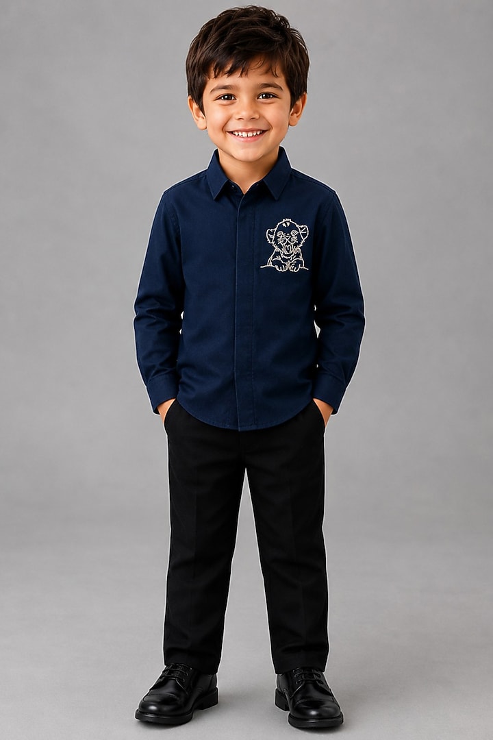 Navy Blue Lycra Cotton Hand Embroidered Shirt For Boys by Sanjana Reddy Kids at Pernia's Pop Up Shop