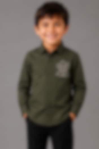 Olive Green Lycra Cotton Hand Embroidered Shirt For Boys by Sanjana Reddy Kids at Pernia's Pop Up Shop