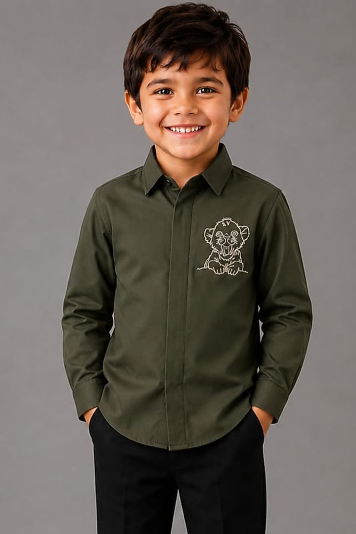 Olive Green Lycra Cotton Hand Embroidered Shirt For Boys by Sanjana Reddy Kids at Pernia's Pop Up Shop