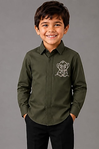Olive Green Lycra Cotton Hand Embroidered Shirt For Boys by Sanjana Reddy Kids