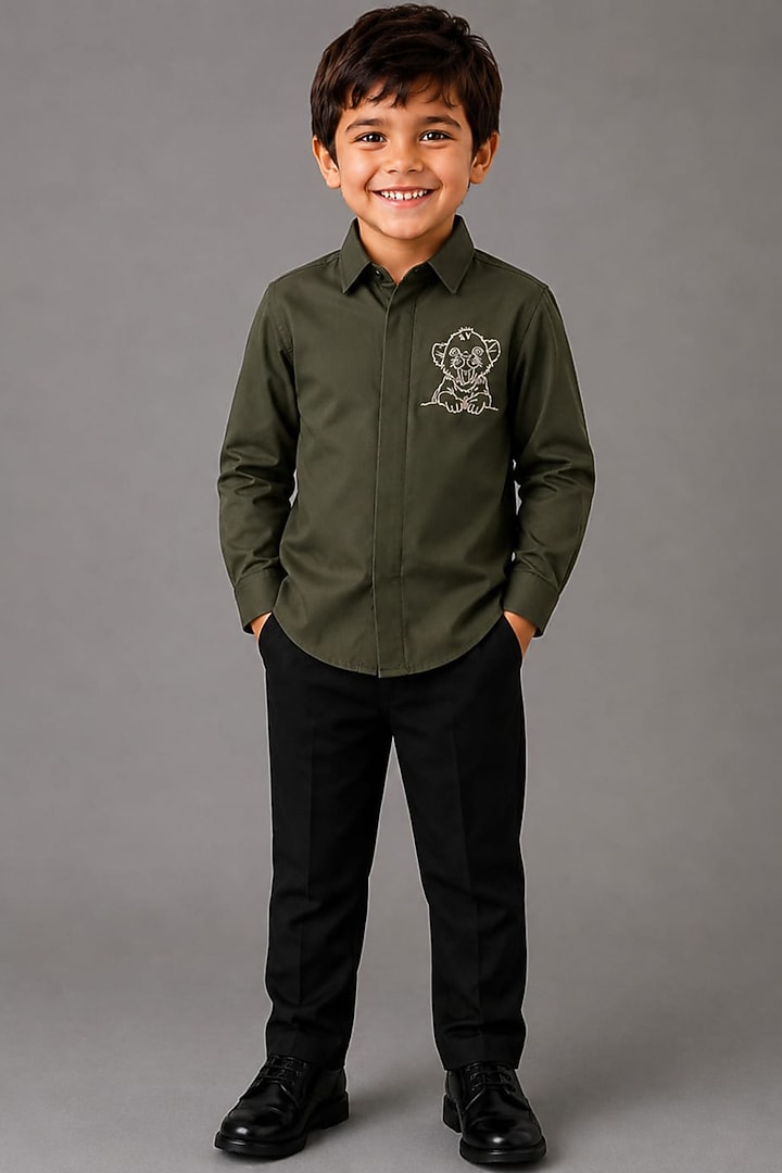 Olive Green Lycra Cotton Hand Embroidered Shirt For Boys by Sanjana Reddy Kids at Pernia's Pop Up Shop