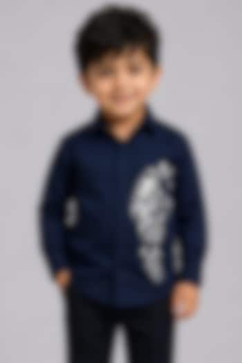 Navy Blue Lycra Cotton Hand Embroidered Shirt For Boys by Sanjana Reddy Kids at Pernia's Pop Up Shop