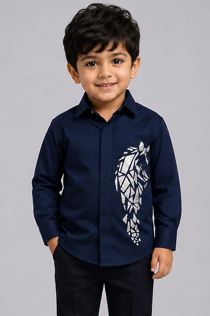 Navy Blue Lycra Cotton Hand Embroidered Shirt For Boys by Sanjana Reddy Kids at Pernia's Pop Up Shop