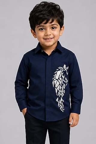 Navy Blue Lycra Cotton Hand Embroidered Shirt For Boys by Sanjana Reddy Kids