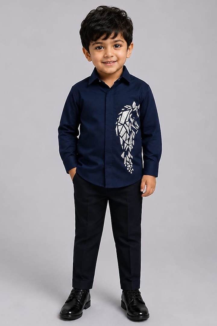 Navy Blue Lycra Cotton Hand Embroidered Shirt For Boys by Sanjana Reddy Kids at Pernia's Pop Up Shop