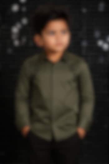 Olive Green Lycra Cotton Hand Embroidered Shirt For Boys by Sanjana Reddy Kids at Pernia's Pop Up Shop