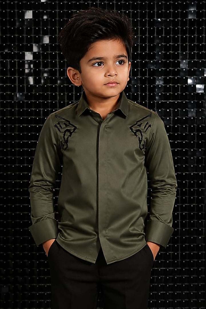 Olive Green Lycra Cotton Hand Embroidered Shirt For Boys by Sanjana Reddy Kids at Pernia's Pop Up Shop