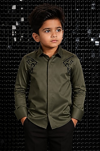 Olive Green Lycra Cotton Hand Embroidered Shirt For Boys by Sanjana Reddy Kids