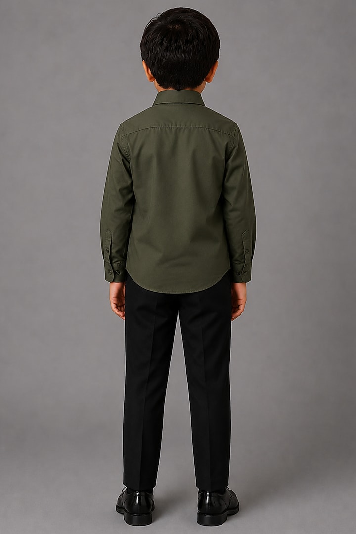 Olive Green Lycra Cotton Hand Embroidered Shirt For Boys by Sanjana Reddy Kids at Pernia's Pop Up Shop