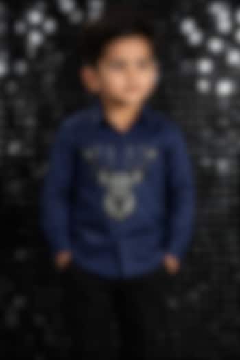 Navy Blue Lycra Cotton Hand Embroidered Shirt For Boys by Sanjana Reddy Kids at Pernia's Pop Up Shop