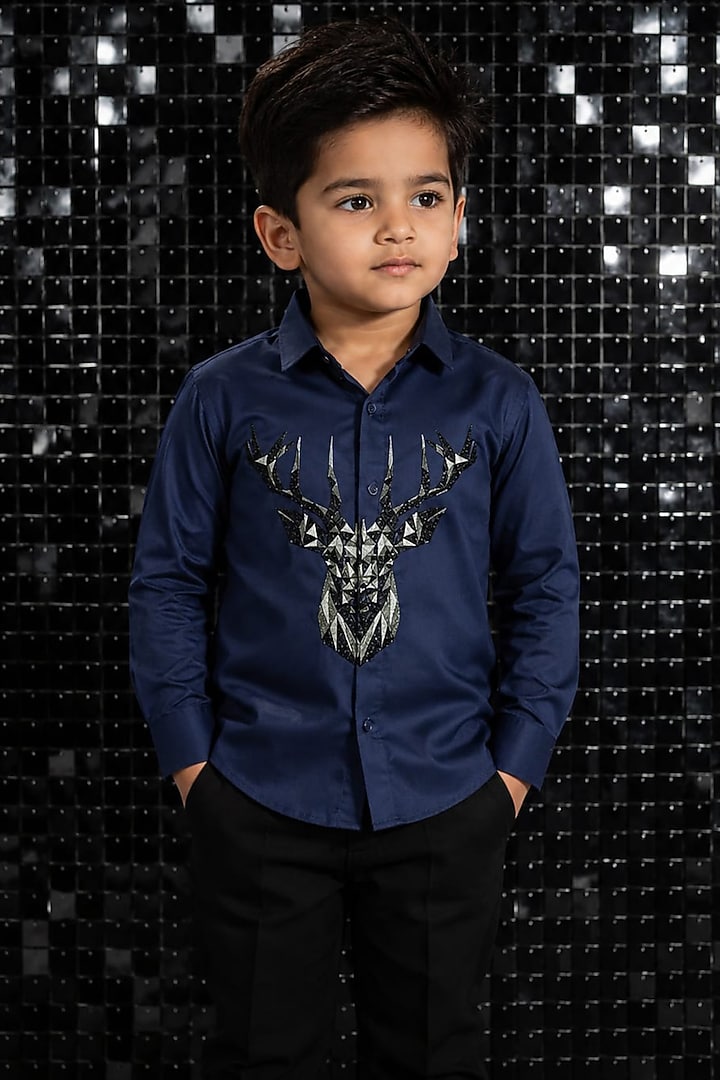 Navy Blue Lycra Cotton Hand Embroidered Shirt For Boys by Sanjana Reddy Kids at Pernia's Pop Up Shop