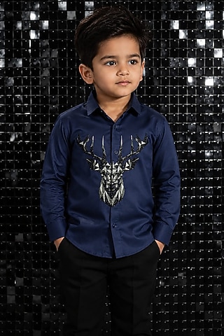 Navy Blue Lycra Cotton Hand Embroidered Shirt For Boys by Sanjana Reddy Kids