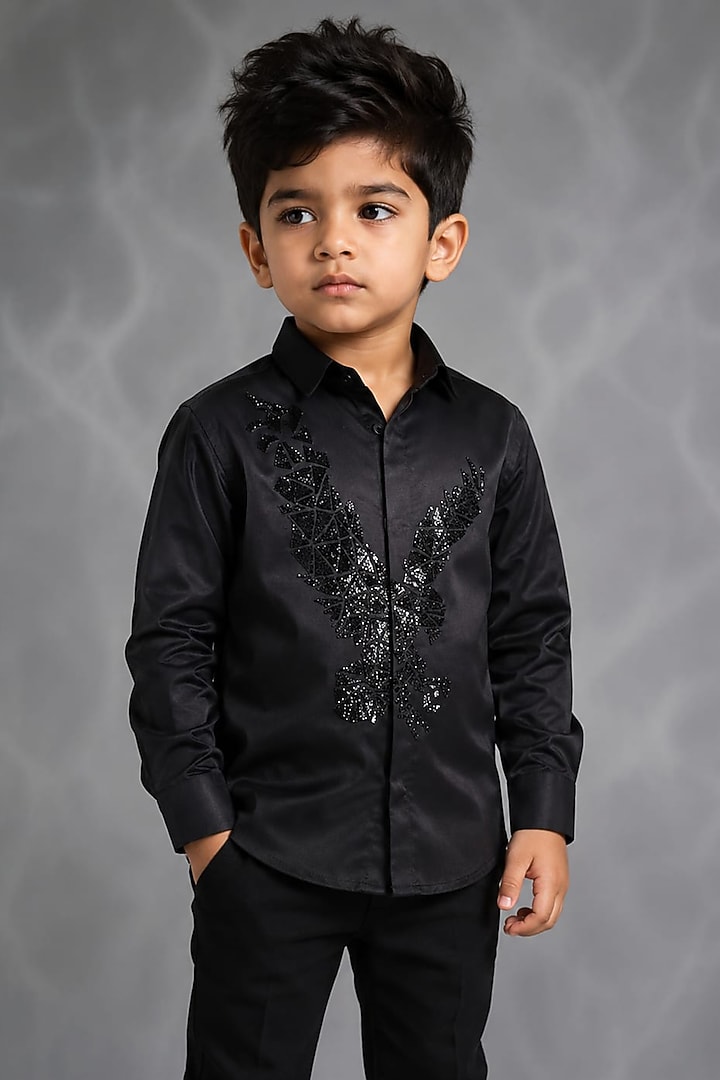 Black Lycra Cotton Hand Embroidered Shirt For Boys by Sanjana Reddy Kids at Pernia's Pop Up Shop