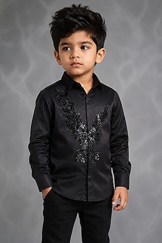 Black Lycra Cotton Hand Embroidered Shirt For Boys by Sanjana Reddy Kids
