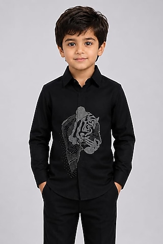Black Lycra Cotton Hand Embroidered Shirt For Boys by Sanjana Reddy Kids
