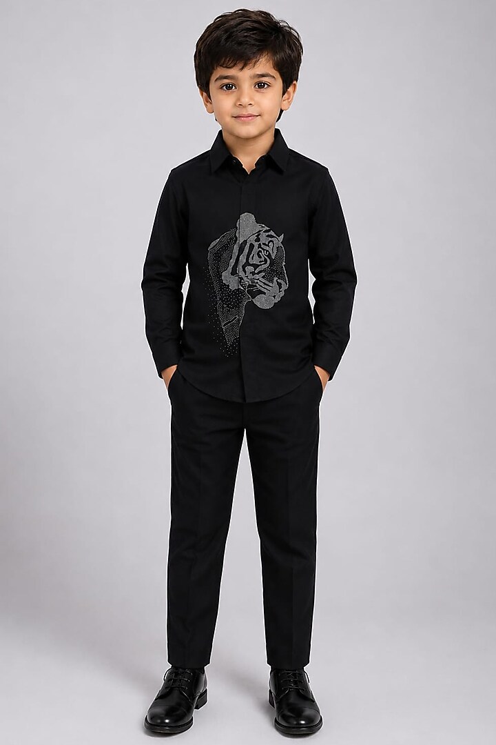 Black Lycra Cotton Hand Embroidered Shirt For Boys by Sanjana Reddy Kids at Pernia's Pop Up Shop