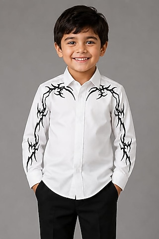 White Lycra Cotton Hand Embroidered Shirt For Boys by Sanjana Reddy Kids