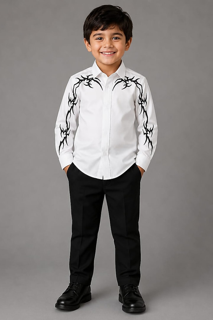 White Lycra Cotton Hand Embroidered Shirt For Boys by Sanjana Reddy Kids at Pernia's Pop Up Shop