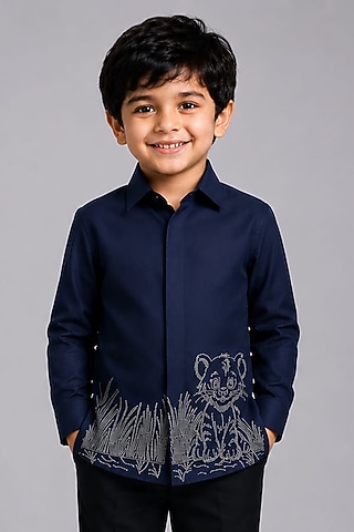 Navy Blue Lycra Cotton Hand Embroidered Shirt For Boys by Sanjana Reddy Kids