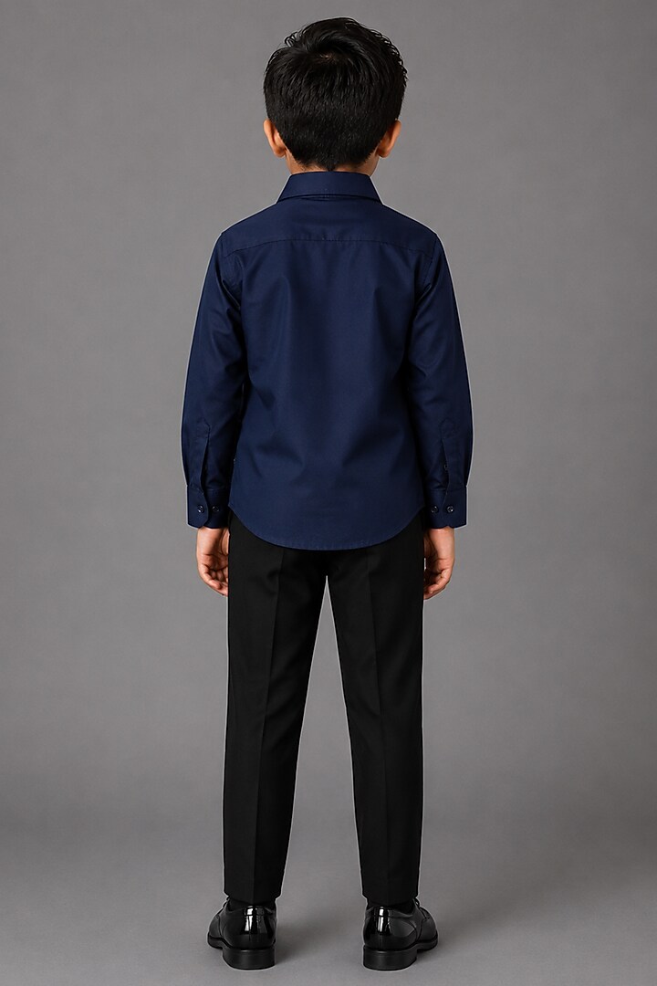 Navy Blue Lycra Cotton Hand Embroidered Shirt For Boys by Sanjana Reddy Kids at Pernia's Pop Up Shop