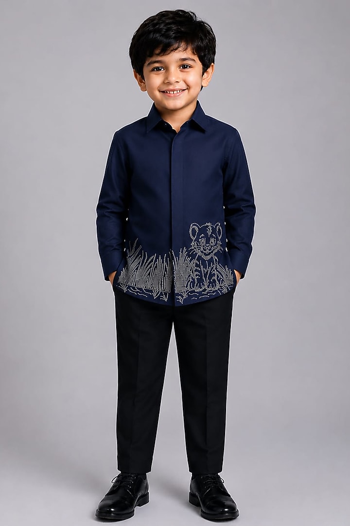Navy Blue Lycra Cotton Hand Embroidered Shirt For Boys by Sanjana Reddy Kids at Pernia's Pop Up Shop