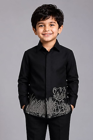 Black Lycra Cotton Hand Embroidered Shirt For Boys by Sanjana Reddy Kids