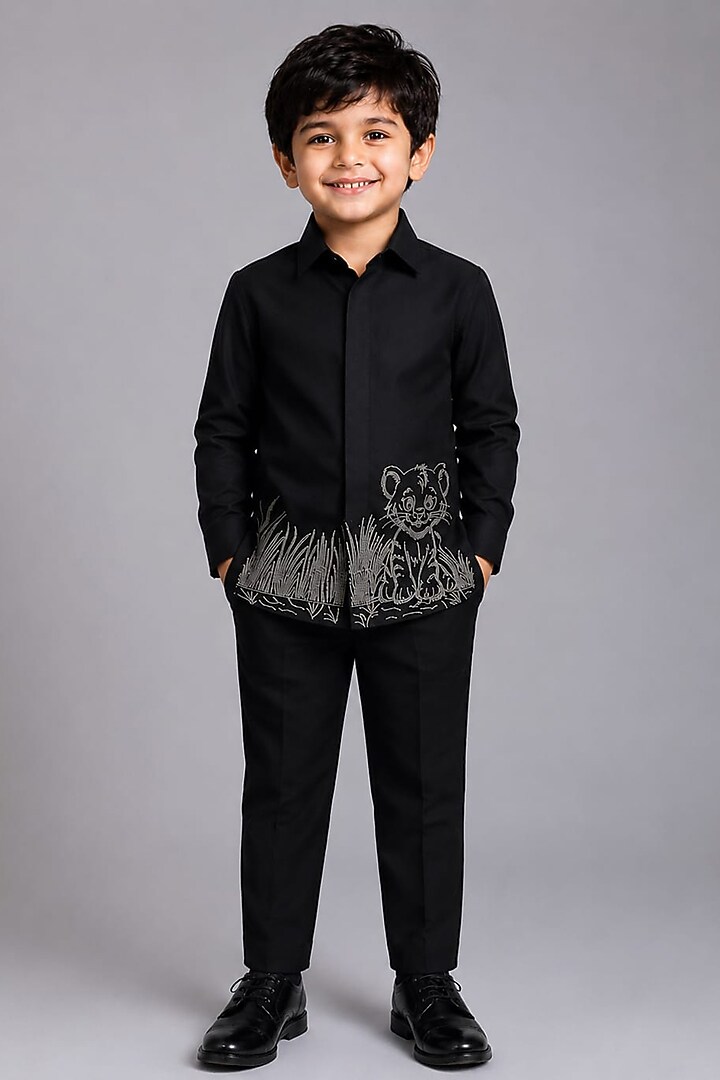 Black Lycra Cotton Hand Embroidered Shirt For Boys by Sanjana Reddy Kids at Pernia's Pop Up Shop