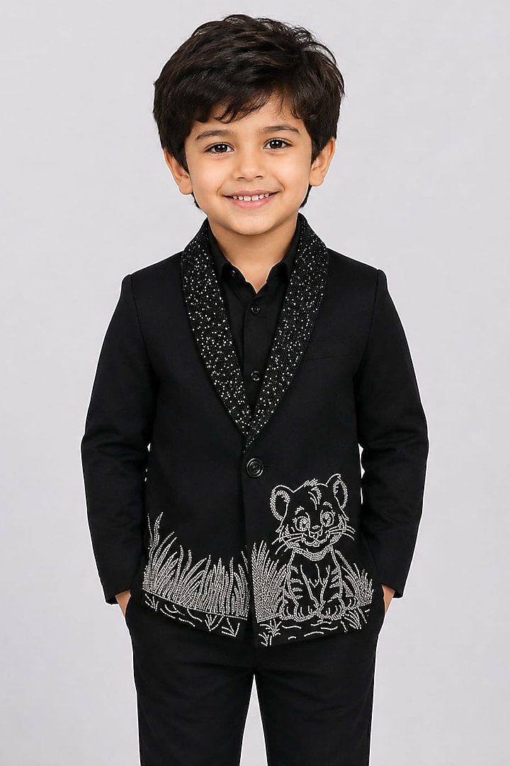 Black Poly Italian Hand Embroidered Blazer For Boys by Sanjana Reddy Kids at Pernia's Pop Up Shop