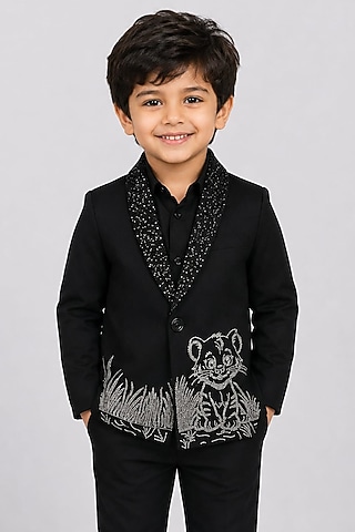 Black Poly Italian Hand Embroidered Blazer For Boys by Sanjana Reddy Kids