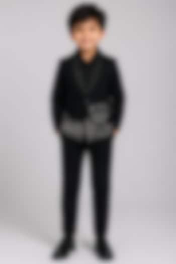 Black Poly Italian Hand Embroidered Blazer Set For Boys by Sanjana Reddy Kids at Pernia's Pop Up Shop