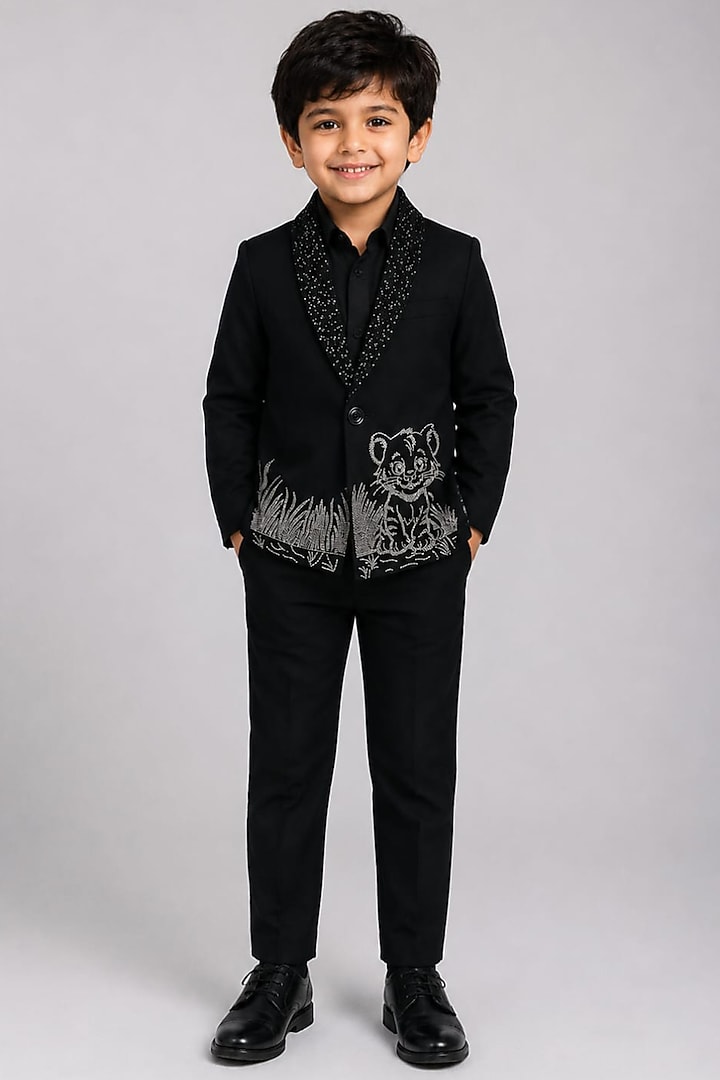 Black Poly Italian Hand Embroidered Blazer Set For Boys by Sanjana Reddy Kids at Pernia's Pop Up Shop