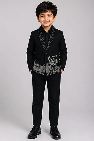 Black Poly Italian Hand Embroidered Blazer Set For Boys by Sanjana Reddy Kids