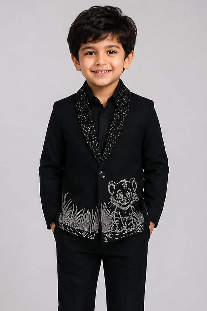 Black Poly Italian Hand Embroidered Blazer Set For Boys by Sanjana Reddy Kids at Pernia's Pop Up Shop