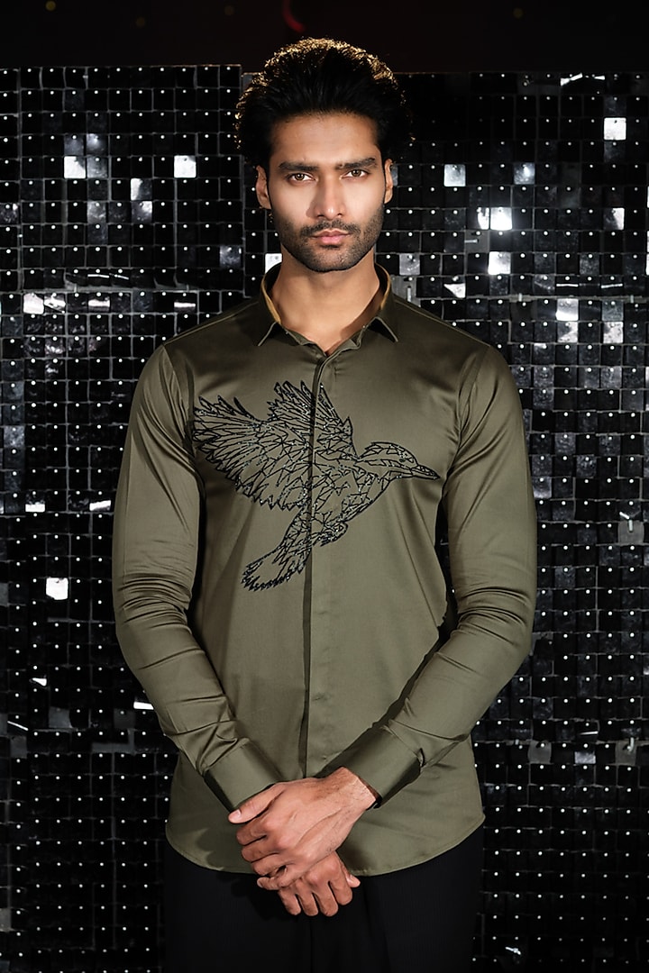 Olive Green Stretchable Cotton Cutdana Hand Embroidered Shirt by SANJANA REDDY MEN at Pernia's Pop Up Shop