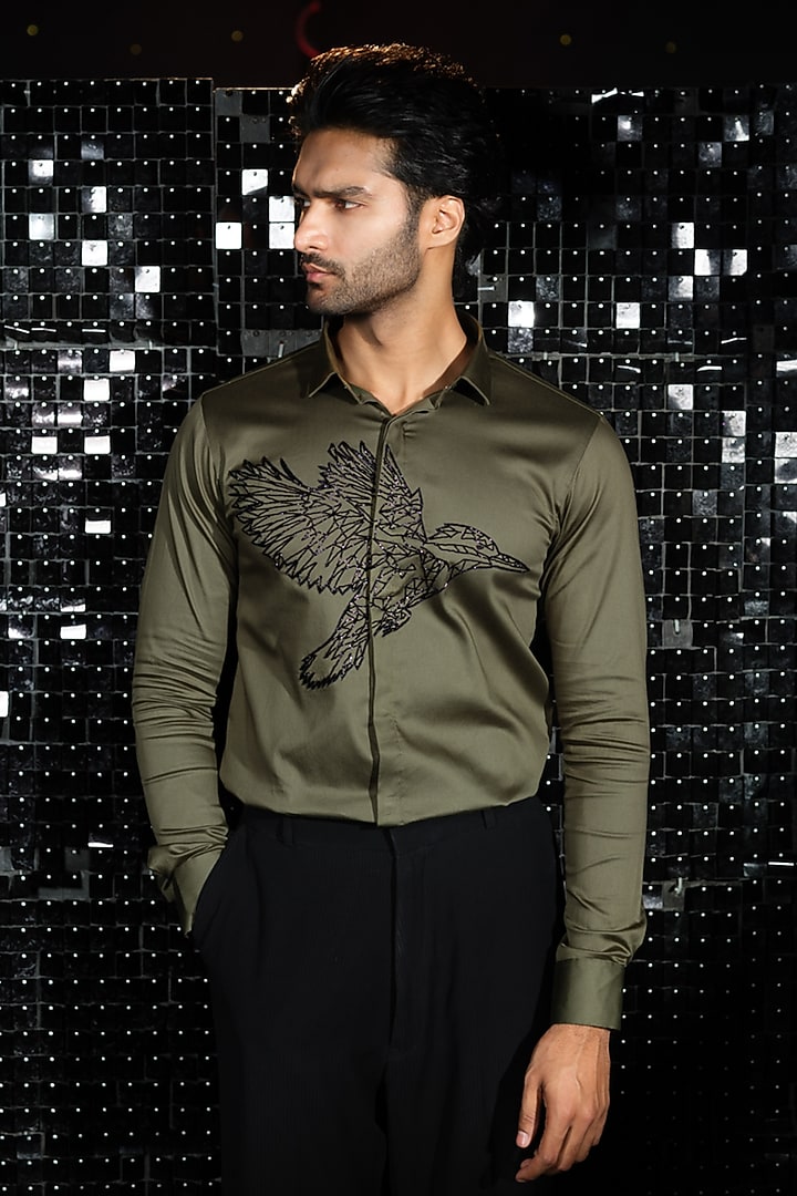 Olive Green Stretchable Cotton Cutdana Hand Embroidered Party Wear Shirt by SANJANA REDDY MEN at Pernia's Pop Up Shop