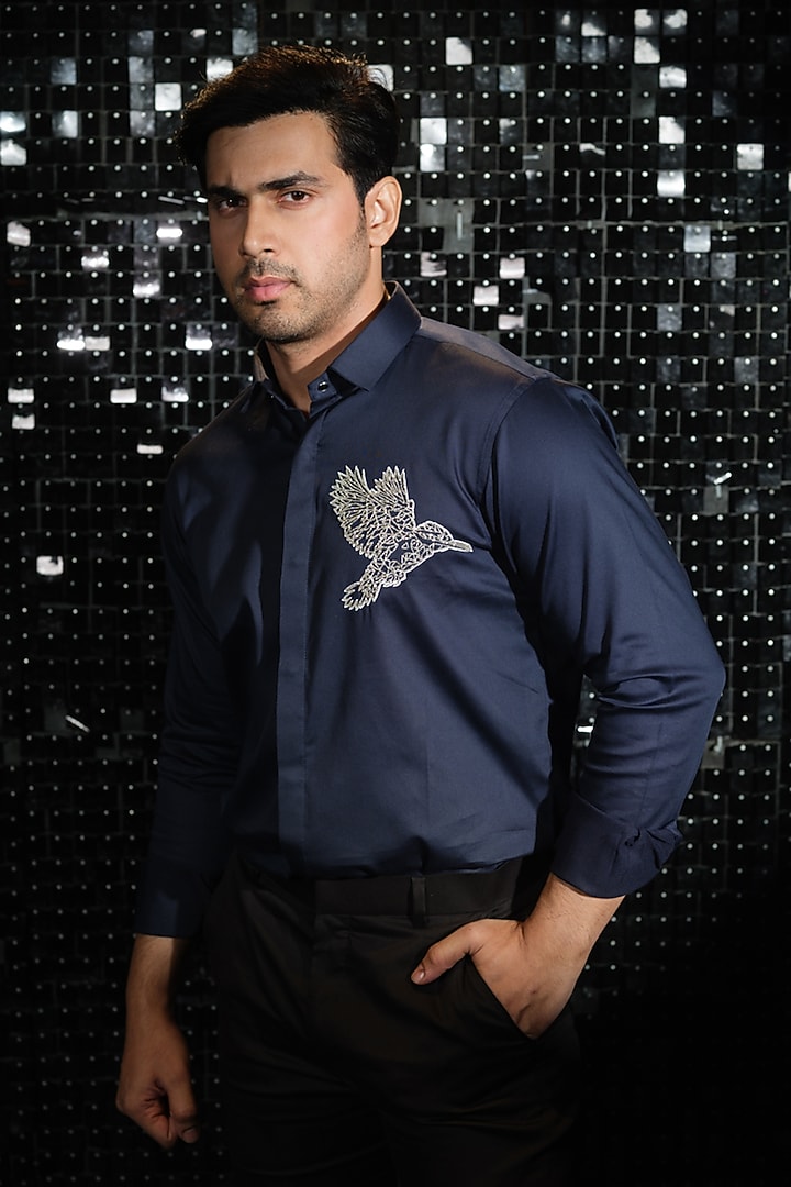 Navy Blue Stretchable Cotton Cutdana Hand Embroidered Party Wear Shirt by SANJANA REDDY MEN at Pernia's Pop Up Shop