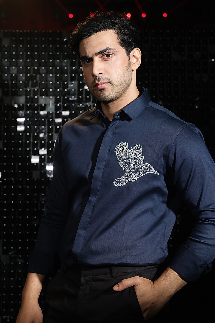 Navy Blue Stretchable Cotton Cutdana Hand Embroidered Party Wear Shirt by SANJANA REDDY MEN at Pernia's Pop Up Shop