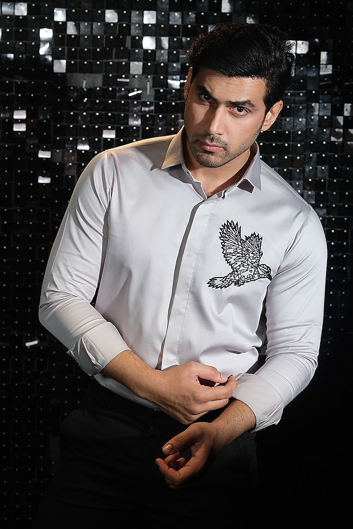 Grey Stretchable Cotton Cutdana Hand Embroidered Party Wear Shirt by SANJANA REDDY MEN at Pernia's Pop Up Shop