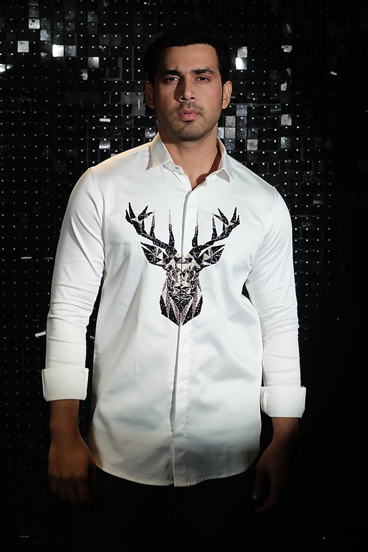 White Stretchable Cotton 3D Reindeer Hand Embroidered Shirt by SANJANA REDDY MEN at Pernia's Pop Up Shop