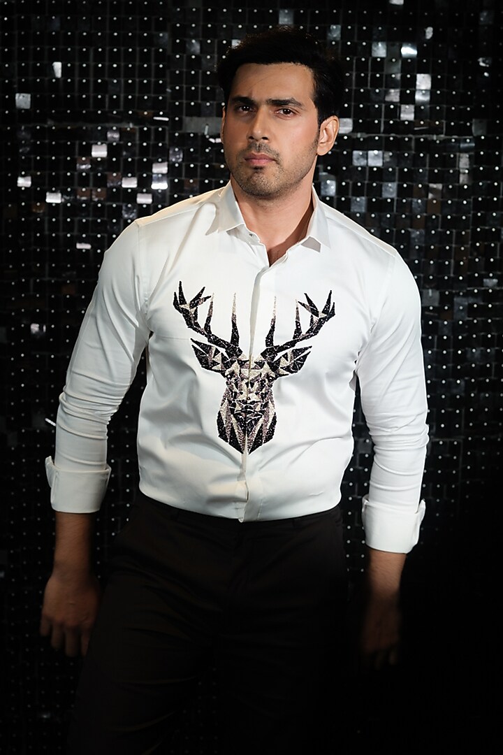 White Stretchable Cotton 3D Reindeer Hand Embroidered Party Wear Shirt by SANJANA REDDY MEN at Pernia's Pop Up Shop