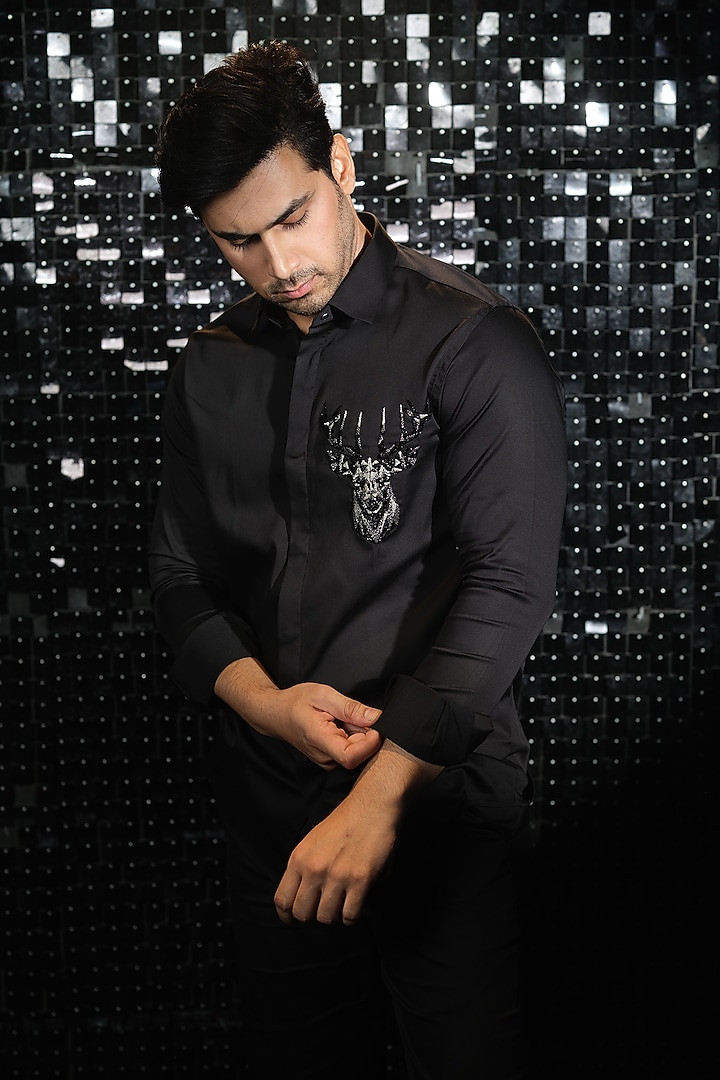 Black Stretchable Cotton 3D Reindeer Hand Embroidered Party Wear Shirt by SANJANA REDDY MEN at Pernia's Pop Up Shop