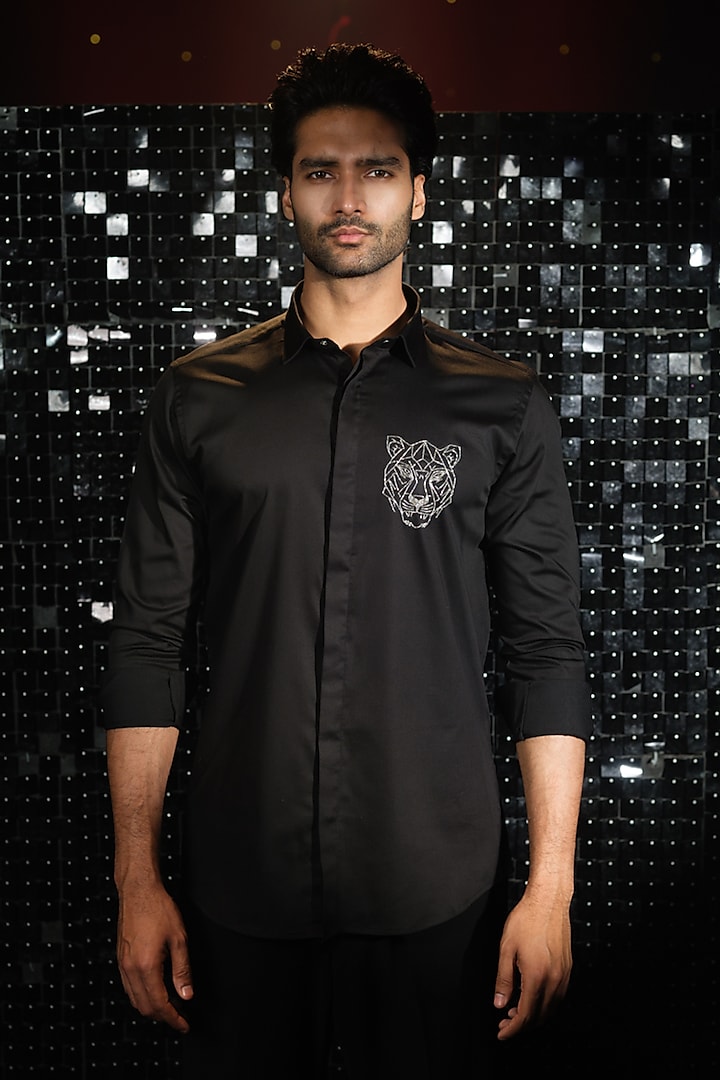 Black Stretchable Cotton Tiger Face Cutdana Hand Embroidered Shirt by SANJANA REDDY MEN