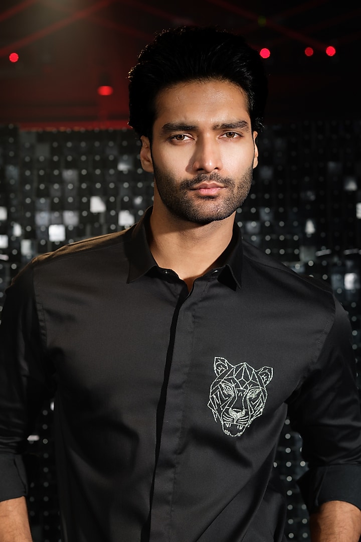 Black Stretchable Cotton Tiger Face Cutdana Hand Embroidered Party Wear Shirt by SANJANA REDDY MEN at Pernia's Pop Up Shop
