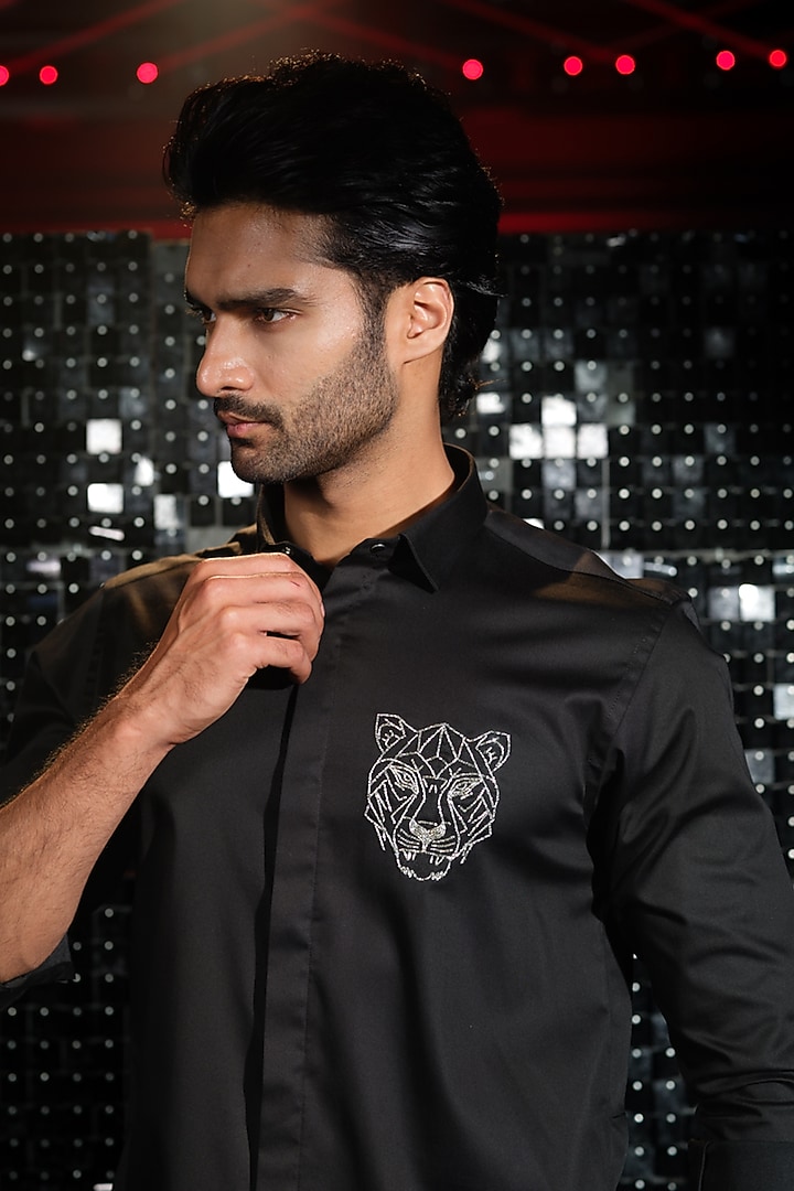 Black Stretchable Cotton Tiger Face Cutdana Hand Embroidered Party Wear Shirt by SANJANA REDDY MEN at Pernia's Pop Up Shop
