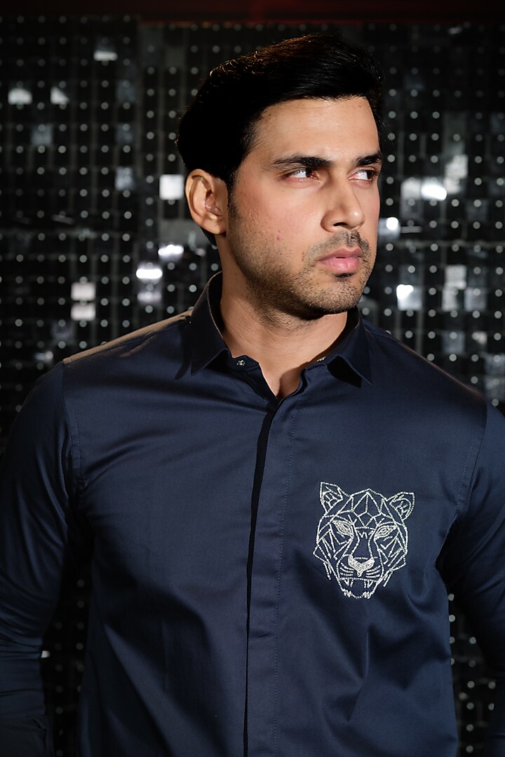 Navy Blue Stretchable Cotton Tiger Face Cutdana Hand Embroidered Party Wear Shirt by SANJANA REDDY MEN at Pernia's Pop Up Shop